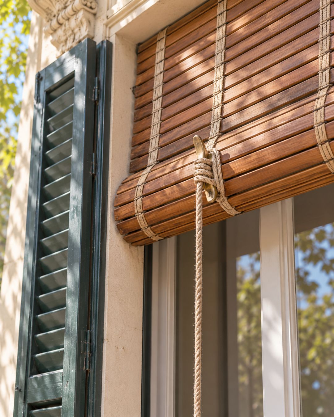 Persiana alicantina de madera recogida con cuerda junto a una contraventana de librillo