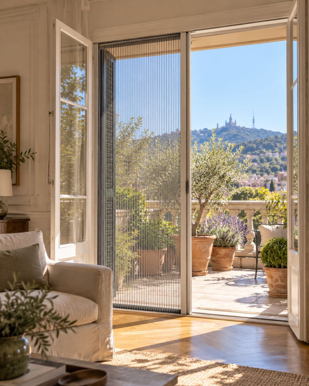 Mosquitera plisada en la balconera de un piso de la Bonanova con vistas al Tibidabo